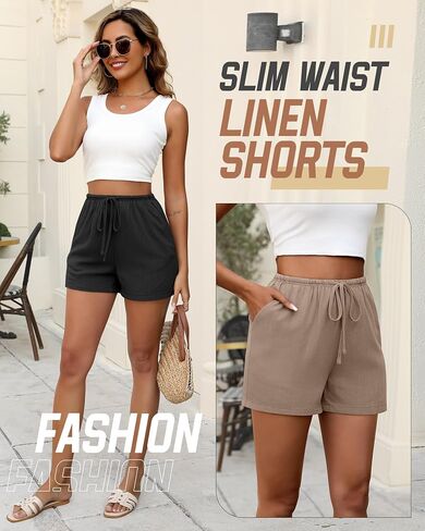 Huukeay 2 Pack Women's Casual Linen Shorts Comfy Drawstring High Waisted 2025 Summer Lightweight Beach Shorts with Pockets in Saudi Arabia