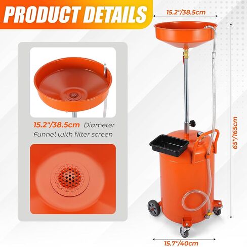 20 Gallon Waste Oil Drain , Portable Oil Drain Container Change Tank,Air Operated Fluid Drain Disposal Waste Oil Drain Change Tank with 15"Funnel Adjustable Height 38-65",with 360° Wheels & Toolbox in Saudi Arabia