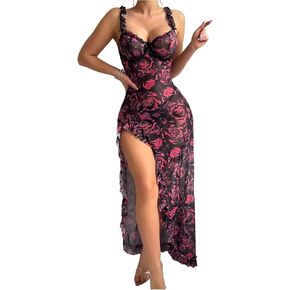 SHENHE Women's 2 Piece Floral Lingerie Set Split Thigh Ruffle Babydoll Nightgown Chemise