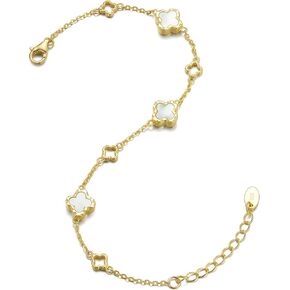 Sterling Silver 14K Gold-Plated Clover Bracelet with Mother of Pearl Four-Leaf Charm, Good Luck Gift for Women