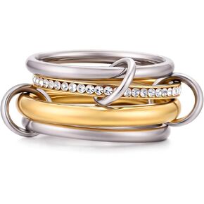 18K Gold Interlocked Stackable Rings for Women, Gold Silver Ring Stack Set, Mixed Metal Stacked, Two Tone Connected, Interlocking Statement Finger Rings Jewelry