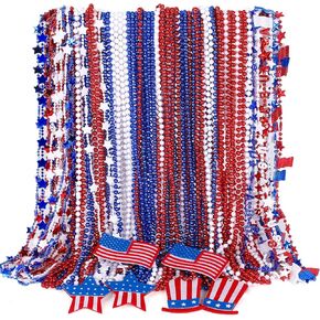 72PCS 4th of July Accessories, Independence Day Bead Necklaces, USA Hat Flags Pendant Patriotic Fourth of July Red Blue White Necklace, Metallic Necklace for Flag Day Parades Party Favors Decorations