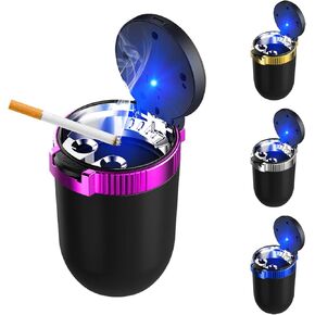 Car Ashtray with Lid, Detachable Smokeless Auto Cup Holder Ashtray with LED Blue Light, Stainless Steel Ash Tray Portable Mini Vehicle Trash Can for Car Home Outdoor (Silver)