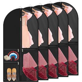 6 Pcs Garment Bags for Dance Costumes 40'' Waterproof Clothing Bags Clear PVC Garment Cover with Zipper Pockets Black Clothes Organizer Carrier for Dance Competition Ballet Closet Storage