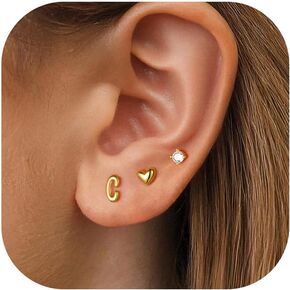 Turandoss 3 أزواج من أقراط Zircon Zircon Zircon Zircon الأولي للنساء ، و 14 ألفًا من الذهب مطلي بالذهب A-Z Zircon Accon Plat Back Plants مجموعة هدايا المجوهرات للنساء العصرية