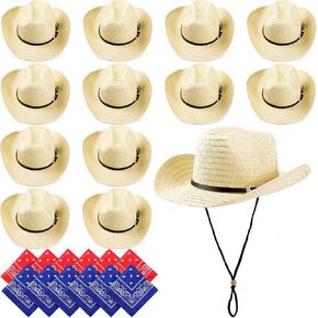 SATINIOR 12 Set Straw Cowboy Caps and Bandanas Cowboy Party cap Costume Head Bandana Bulk Western Accessories(Beige, Leather Trim Style)