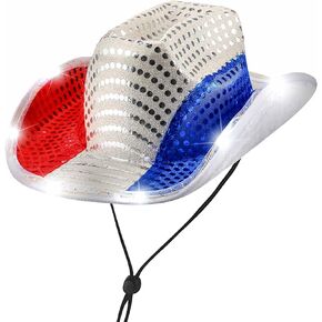 LED LIGHT UP COWBOY HAT للنساء رجال الولايات المتحدة الأمريكية الاستقلال-اليوم الرابع من يوليو وطني أبيض وأزرق الحزب الغربي هات