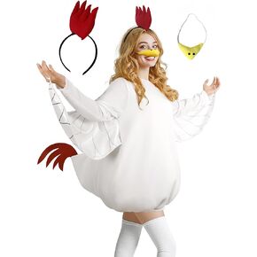 UQJE Adult White Rooster Chicken Costume for Women with Cute Chicken Headband and Nose Mask Halloween Cuddly Animal Costumes
