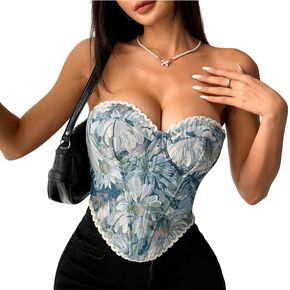 Holiberty Sexy Vintage Floral Print Camisole Crop Tops for Women Retro Embroidery Pattern Tube Top Lace Up Shapewear Corset