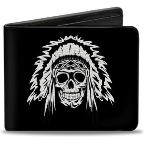 Buckle-Down Men's PU Bifold Wallet-Native American Skull Black/White, Multicolor, 4.0" x 3.5"