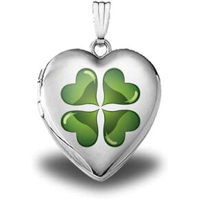 PicturesOnGold.com Sterling Silver Green Four Leaf Clover Heart Locket - 3/4 Inch X 3/4 Inch