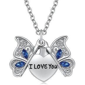 Butterfly Locket Necklace with hidden I LOVE You message heart, Blue/purple for Women Insect Jewelry