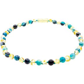 Genuine Amber Necklace From Baltic Sea Made With Polished Lemon & Green Agate 33 cm (13 Inches)