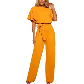 Women's Short Sleeve Jumpsuits Belted Wide Leg Long Pant Romper