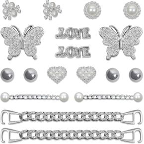 18pcs Bling Shoe Charms for Women,Rhinestones Butterfly Stamen Pearl Charms Silver Rhinestone Shoe Chain Luxury Jewelry Cute Clogs Shoes Decoration DIY Party Favors