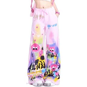 Cute Pants for Women Kawaii Pants Japanese Pants High Waist Flair Graffiti Chinos Loose Trousers Harajuku Bell Pants (Pink,Small,Regular,Regular,Small)