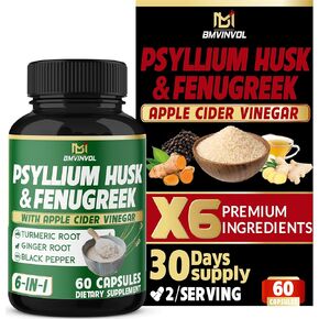 BMVINVOL 6in1 Psyllium Husk, Fenugreek, Apple Cider Vinegar, Turmeric, Ginger, Black Pepper - Soluble Fiber for Supports Digestive Health & Regularity (60 Capsules)