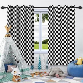 Geometric Bedroom Curtains,Black and White Checkerboard Heat Insulation Window Curtains Living Room Buttonhole Curtains,Window Draperies Treatment for Office and Nursery,52 x 84 Inches,2 Panel Set