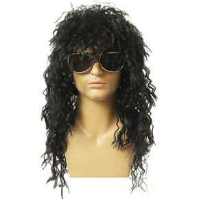 80s Wig, Mullet Wigs for Men – Long Black Curly Heavy Metal Male Punk Rock Wig for Disco, Halloween, Rockstar, Cosplay, Fancy Dress, and Themed Costume Party