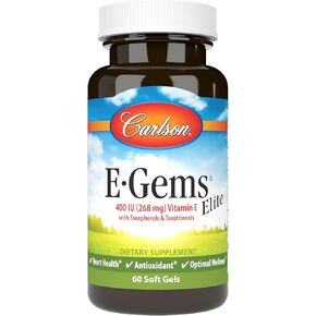 Carlson - E-Gems Elite, 400 IU Vitamin E with Tocopherols & Tocotrienols, Heart Health & Optimal Wellness, Antioxidant, 60 soft gels