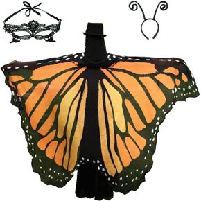 Halloween Costumes for Women Adult Butterfly Costumes Wing Cape Shawl 3Pcs with Lace Mask and Black Velvet Antenna Headband