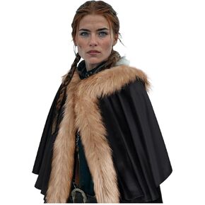 L'VOW Women's Viking Fur Hooded Cloak Medieval Black Fur Cape with Hood Halloween Christmas Cape