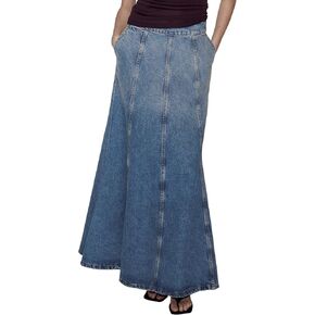 Long Denim Skirts for Women Floor Length A Line Flared Maxi Jean Skirts with Pockets