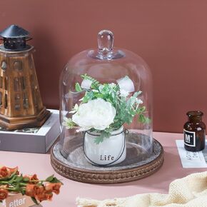 Large Handmade Sturdy Glass Cloche With Brown Beaded Wooden BaseIn Farmhouse Style, For Terrarium, Trinkets, Cakes, Figurines. (1, 7.48""x10.6"" WOODEN BASE), clear