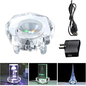 3" Crystal LED Light Base,4 Colors 7 LED Display Plate with AC Adapter for 3D Glass Art (Octagon)