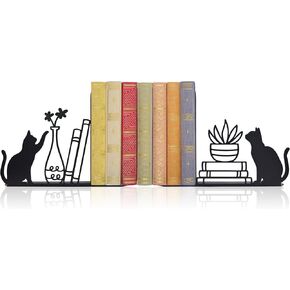 Whimsical Cat & Botanical Bookends – Unique Metal Bookends with Cats, Plants & Stacked Books Design | Cute Decorative Book Supports for Cat Lovers