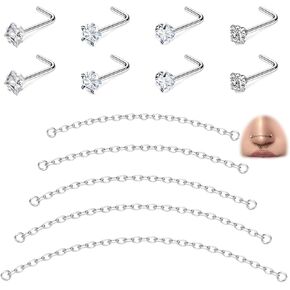 Hoeudjo Nose Chain Piercing Across Nose Ring Chain Surgical Steel Nose Studs L Shaped Nose Rings for Women 20g 18g Nose Piercing jewelry Length of Chain 32/35/40/45/50mm