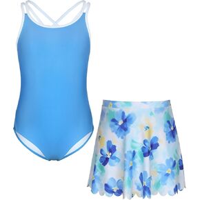 beautyin Girls One Piece Swimsuit with Skirt Bathing Suit Crisscross Back Swimwear Size 8-14