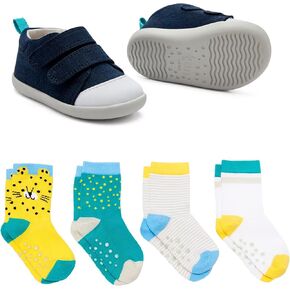Ten Little First Walker Kids’ Shoes & Crew Socks Bundle for Baby & Toddler Boys & Girls, Navy Blue Shoe Size 5, Crew Socks with Non-Skid Grips 4 Pk