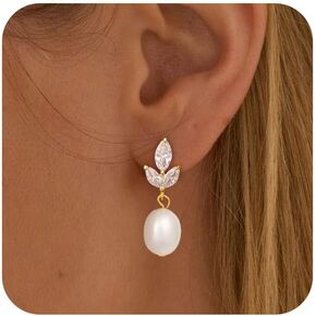 Pearl Earrings for Women Trendy, 14k Gold Plated Freshwater CZ Leaf Pearl Dangle Drop Gold Earrings Lightweight Hypoallergenic Stud Earring Bridesmaid Wedding Gold Jewelry for Women Gifts