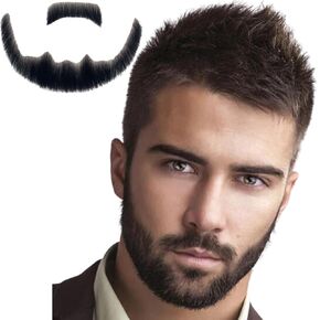 Fake Beard Realistic 100% Human Hair Full Hand Tied Facial Hair Black Goatee False Beards Lace Invisible Fake FaceMustache(Style-2, Black Mixed White)
