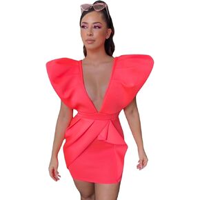 BRANCHEÉ BY E&D Women's Coral Pink Cocktail Party Mini Dress, Deep V Neck Bodycon with Puffy Oversized Sleeves, Elegant Dress