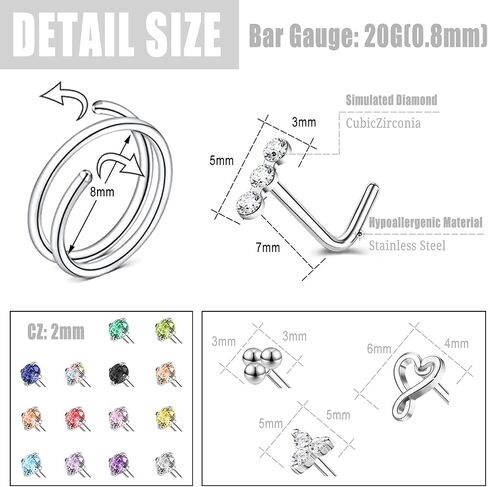 ZS 20G Stainless Steel Nose Rings for Women, Cute Heart L Shape Nose Stud Nose Hoops Ring, CZ Moon Flower Nose Piercing Jewelry Nostril Rings Set in Saudi Arabia