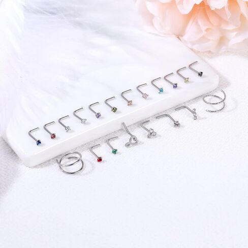 ZS 20G Stainless Steel Nose Rings for Women, Cute Heart L Shape Nose Stud Nose Hoops Ring, CZ Moon Flower Nose Piercing Jewelry Nostril Rings Set in Saudi Arabia