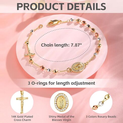 Catholic Gifts Rosary Bracelet for Women-14K Gold Virgin Mary Rosary Jesus Cross Charm Link Chain, Dainty Virgen de Guadalupe Religious Gift for Confirmation Baptism First Communion Easter in Saudi Arabia