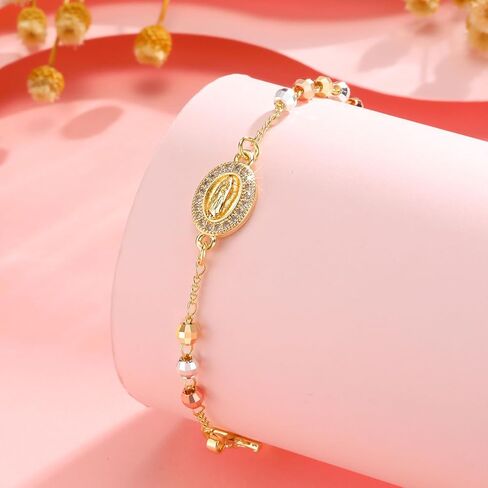 Catholic Gifts Rosary Bracelet for Women-14K Gold Virgin Mary Rosary Jesus Cross Charm Link Chain, Dainty Virgen de Guadalupe Religious Gift for Confirmation Baptism First Communion Easter in Saudi Arabia