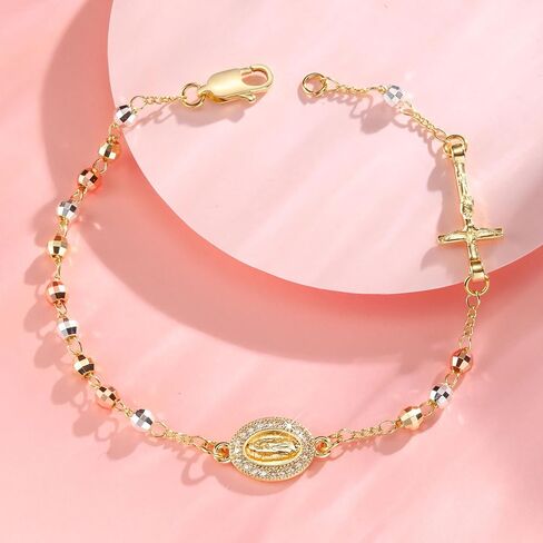 Catholic Gifts Rosary Bracelet for Women-14K Gold Virgin Mary Rosary Jesus Cross Charm Link Chain, Dainty Virgen de Guadalupe Religious Gift for Confirmation Baptism First Communion Easter in Saudi Arabia