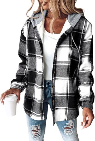 CHICME Womens Lightweight Casual Jacket Plaid Long Sleeve Shacket Fleece Lined Hooded Jackets Warm Coat in Saudi Arabia