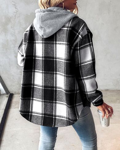 CHICME Womens Lightweight Casual Jacket Plaid Long Sleeve Shacket Fleece Lined Hooded Jackets Warm Coat in Saudi Arabia