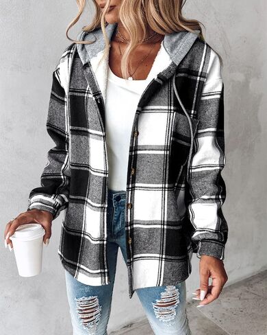 CHICME Womens Lightweight Casual Jacket Plaid Long Sleeve Shacket Fleece Lined Hooded Jackets Warm Coat in Saudi Arabia