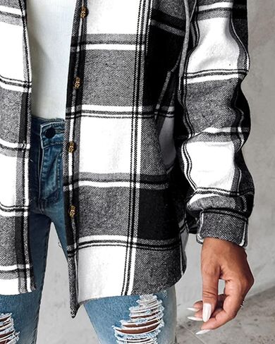 CHICME Womens Lightweight Casual Jacket Plaid Long Sleeve Shacket Fleece Lined Hooded Jackets Warm Coat in Saudi Arabia