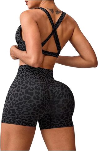 SHENHE Women's Leopard Workout Set 2 Piece Twist Front Cross Back Sports Bra Biker Shorts Set in Saudi Arabia
