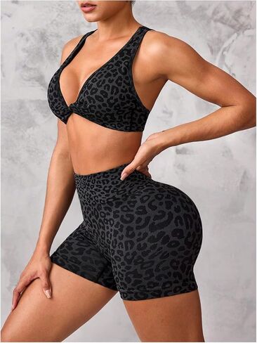 SHENHE Women's Leopard Workout Set 2 Piece Twist Front Cross Back Sports Bra Biker Shorts Set in Saudi Arabia