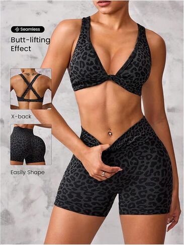 SHENHE Women's Leopard Workout Set 2 Piece Twist Front Cross Back Sports Bra Biker Shorts Set in Saudi Arabia