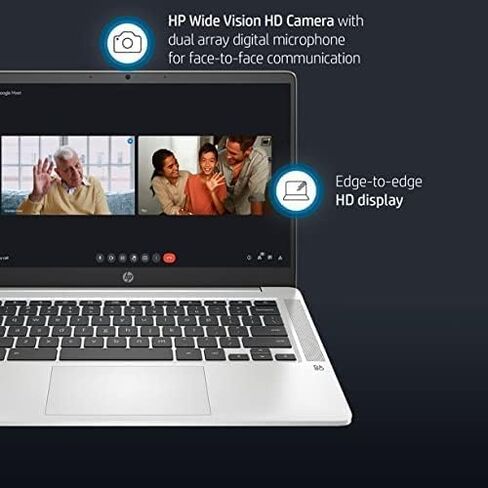HP Chromebook 14 - شاشة 14 بوصة عالية الدقة لا تعمل باللمس Intel Pentium Silver N5000، وIntel UHD Graphics 605، وذاكرة وصول عشوائي سعتها 4 جيجابايت، وeMMC سعة 64 جيجابايت، وواي فاي، وبلوتوث، وصوت من B&O، ونظام تشغيل Chrome (متجدد) in Saudi Arabia