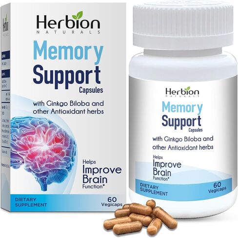 HERBION Naturals Memory Support Capsules – Helps Improve Brain Function & Absent Mindedness, Maintains Healthy Mood Levels with Ginkgo Biloba - for Adults, 60 Count (Pack of 1) in Kuwait